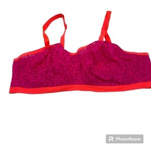 Cacique unlined bandeau bra neon pink & orange lace size 44D